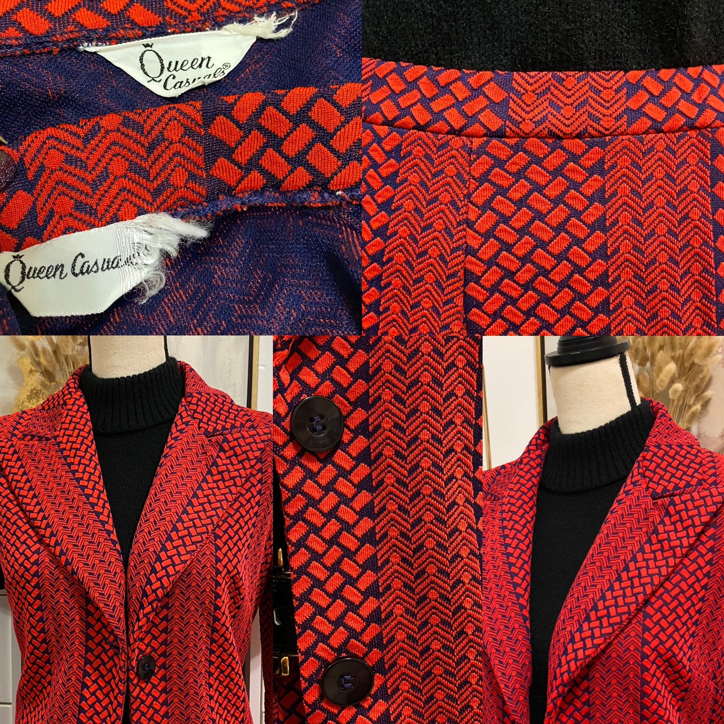 60's-70's Abstract, Rich Red 2Pc Pantsuit (L, 30"-34"W)