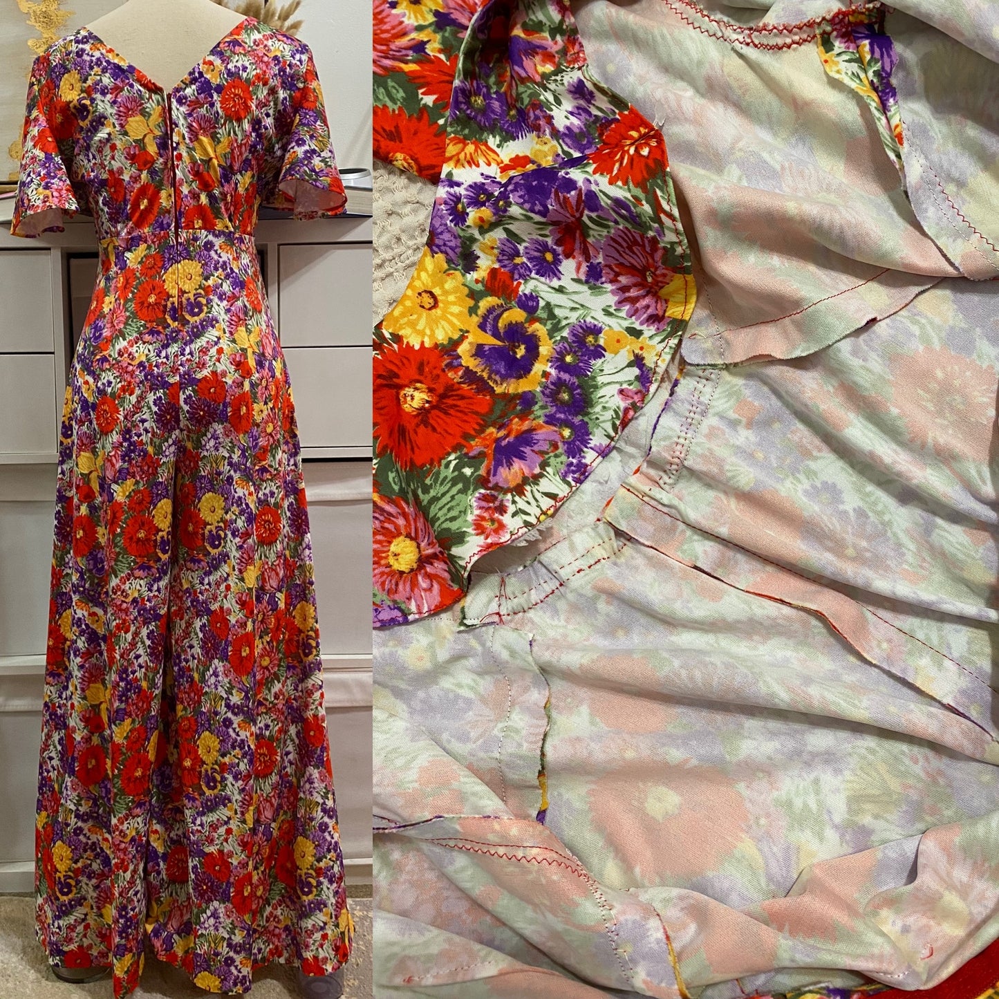 70s Colorful Floral Bell Sleeve Palazzo Jumpsuit (M)