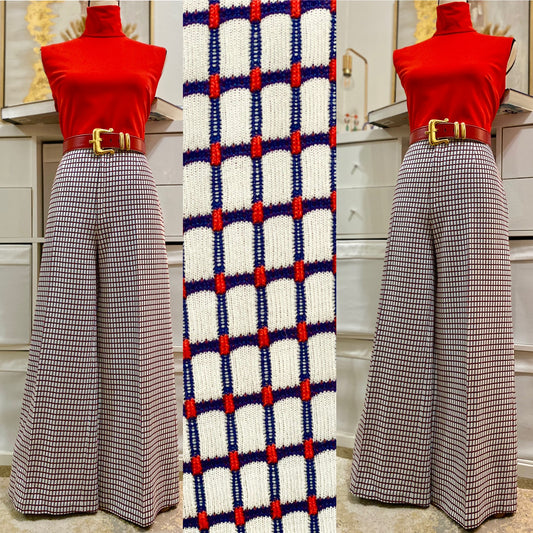 70's Windowpane 2-Piece Set - Turtleneck Sleeveless Top & High Rise Bell Bottoms (L)