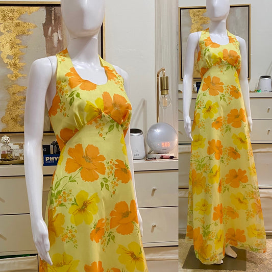 60s 70s Floral Halter Top Style Maxi Dress ILGWU (S-M)