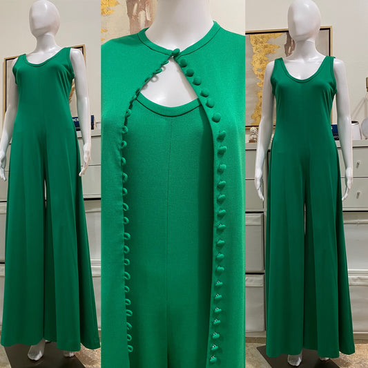 70's Green Disco 2-Piece Set - Bell Bottom Jumpsuit & Cardigan (M/L)