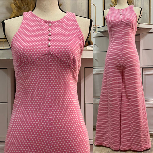 60's- 70's Pink Polka Dot Palazzo Jumpsuit (S-M)