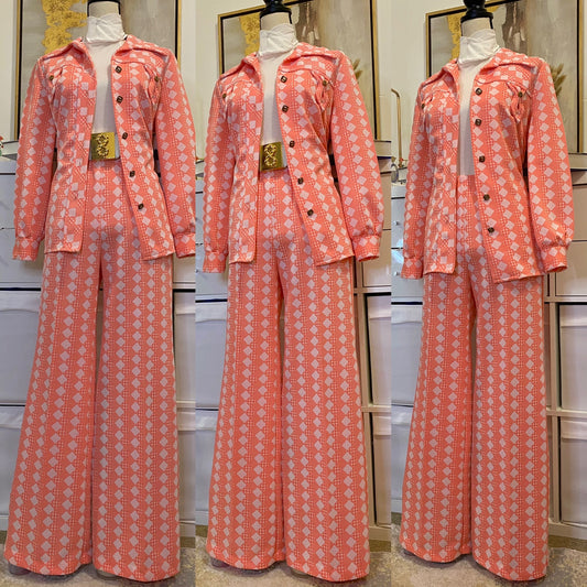 70's 2-Piece Coral Pink Set - Jacket Shirt & Wide Leg Bottoms (M-L)