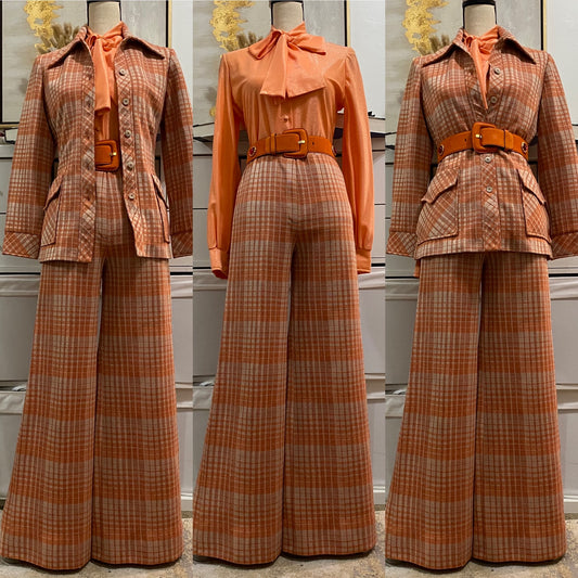 70s 2PC Plaid Leisure/Pantsuit - Wide Leg & Jacket Shirt (S, 26"-29"W)