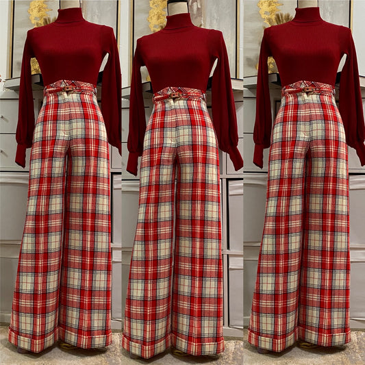 70's Plaid High Rise Bell Bottoms w/ Belt (XS, 24"W)