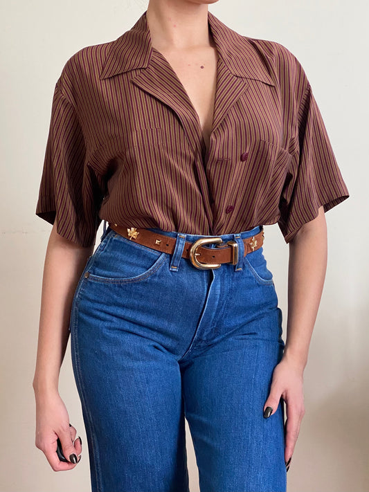 Silk Striped Short Sleeve Button Down Blouse (S-M)