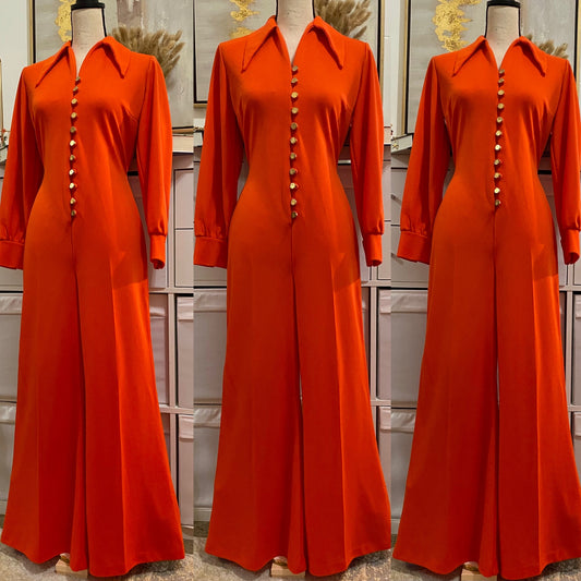 70's Orange Disco Bell Bottom Jumpsuit w/ Gold Buttons (M-L)