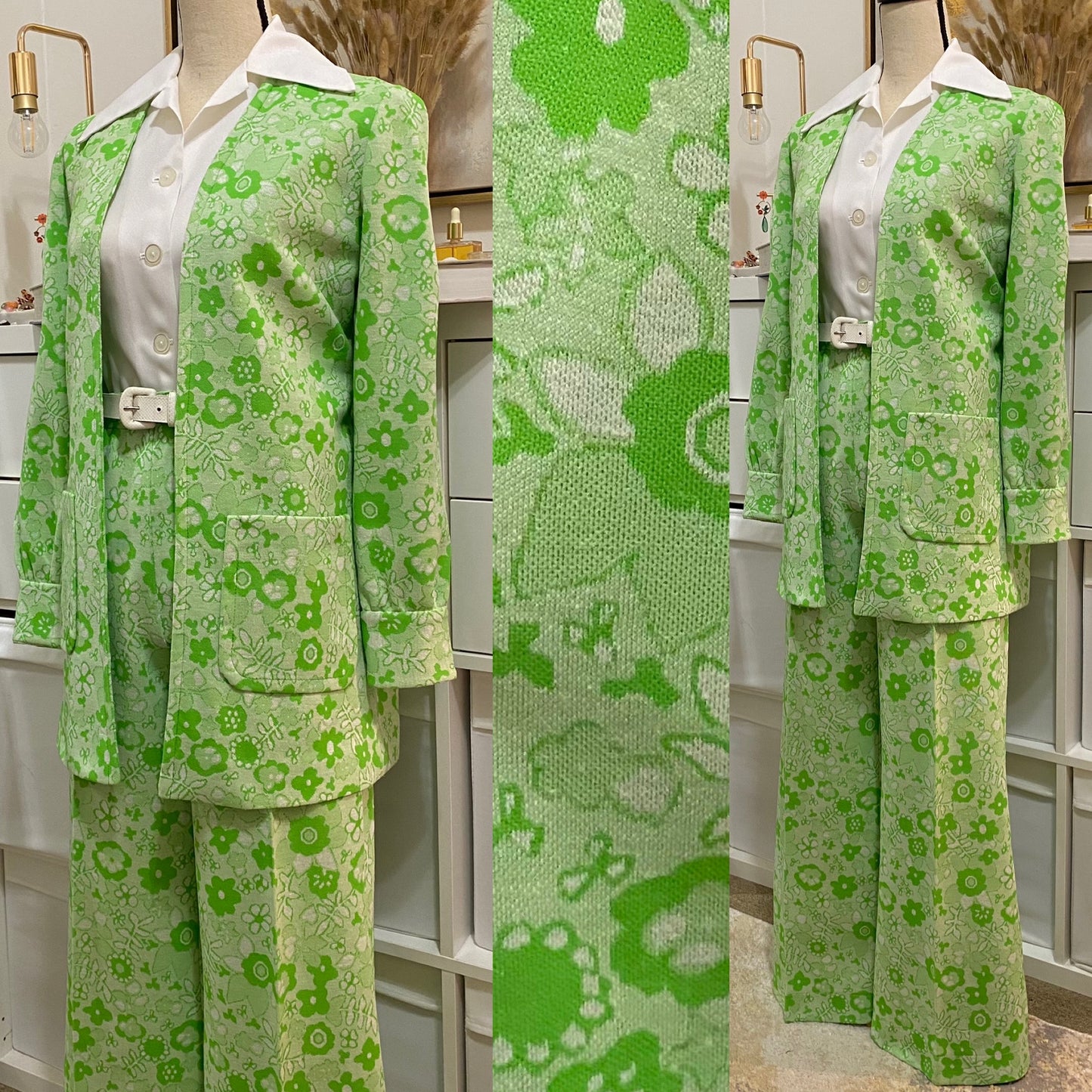 70’s Floral Apple Green Bell Bottom Pantsuit - Open Jacket & High Rise Wide Flare Bottoms (M-L)