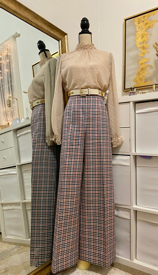70’s Ultra High Rise Pink & Blue Plaid Bell Bottoms (29”W)