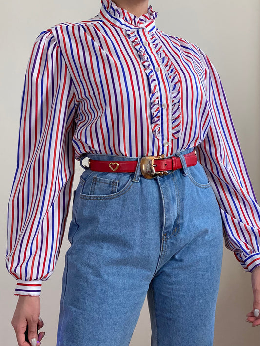 70's Striped Ruffle Long Puffy Sleeve Top (S-M)