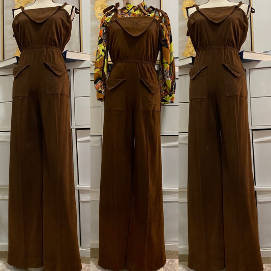 70's Suede/Velveteen Wide Leg Strappy Jumpsuit (M-L)