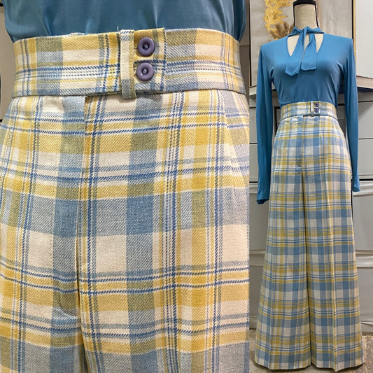 70's Plaid, High Rise, Wide Leg Pants (M,28"W)
