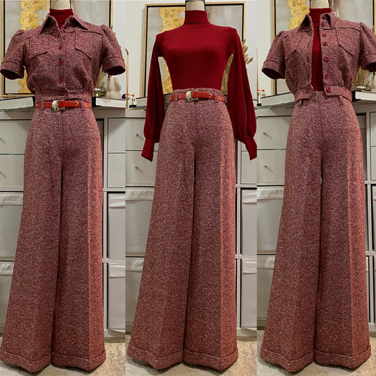 70's Cropped Jacket & Bell Bottom 2PC Pantsuit (S, 27"W) Wool blend.