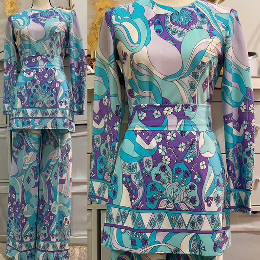 70’s Blue Abstract Mod 3PC Pantsuit (S-M)