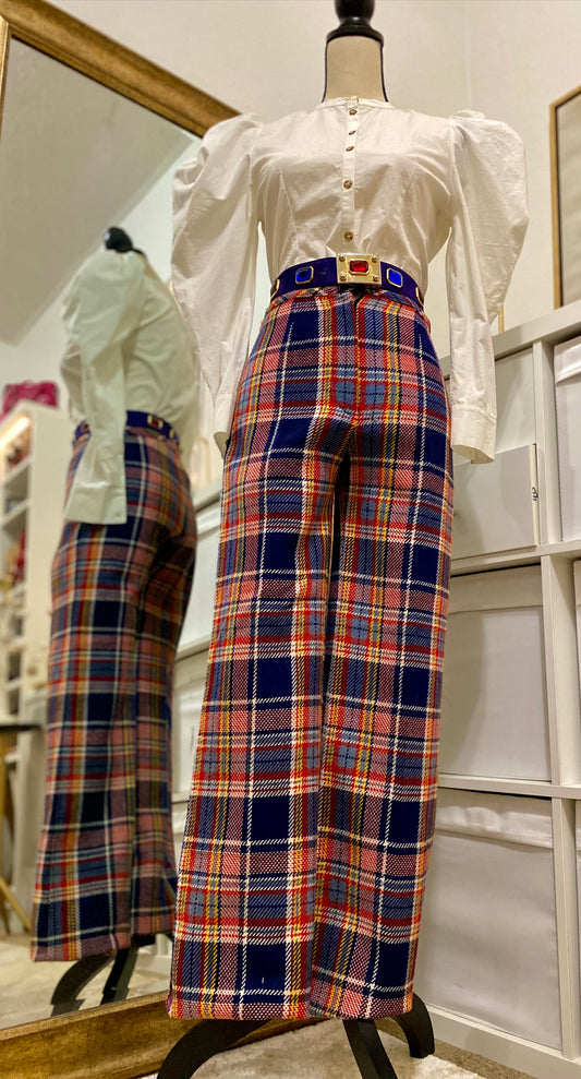 70's Multicolor Plaid High Waisted Flared Pants (XS-S)