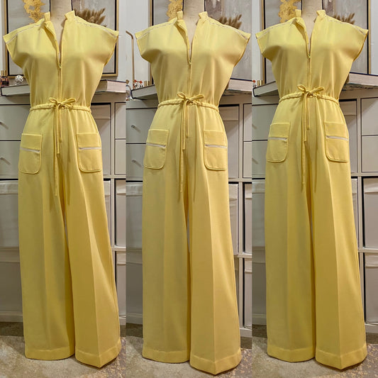 70's Pastel Yellow Bell Bottom w/ Crotchet Details Jumpsuit (S-L)