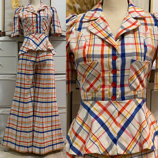 70s does 40s Cotton Plaid 2PC Bell Bottom Pantsuit (XS, 24"W)