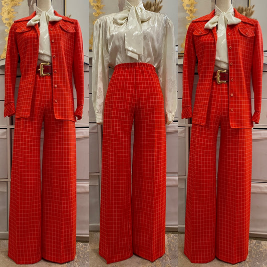 70's Red Windowpane 2pc Wide Leg Pantsuit (S-M)