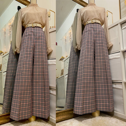 70’s Ultra High Rise Pink & Blue Plaid Bell Bottoms (29”W)