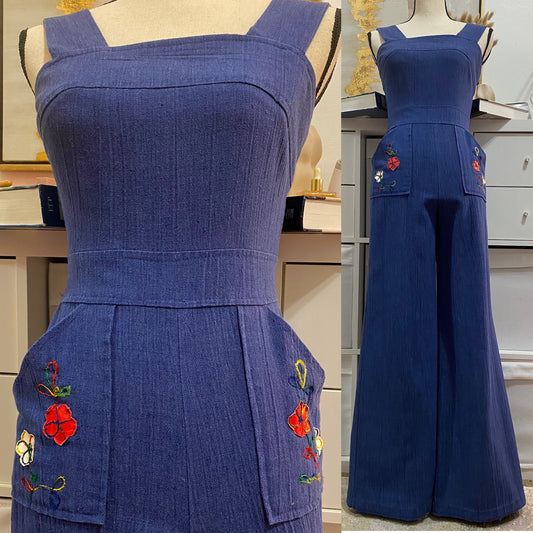 70's crinkle Cotton Wide Leg Flare Jumpsuit W/ Floral Patches (XS-S)