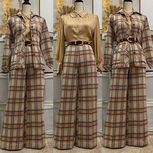 70's Plaid Tan 2Pc Pantsuit (M, 28"-32"W)