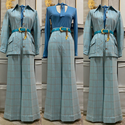 70's Blue Plaid 2Pc Bell Bottom Pantsuit (M, 29"W)