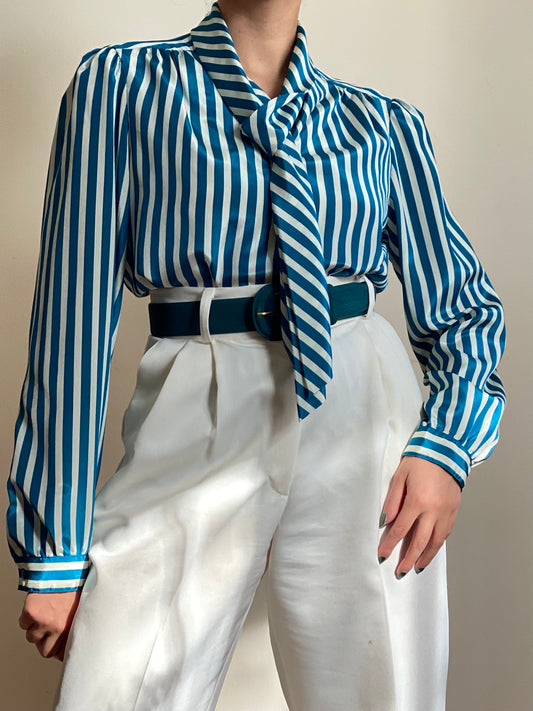 70's Striped Tie Collar Long Sleeve Blouse (M)
