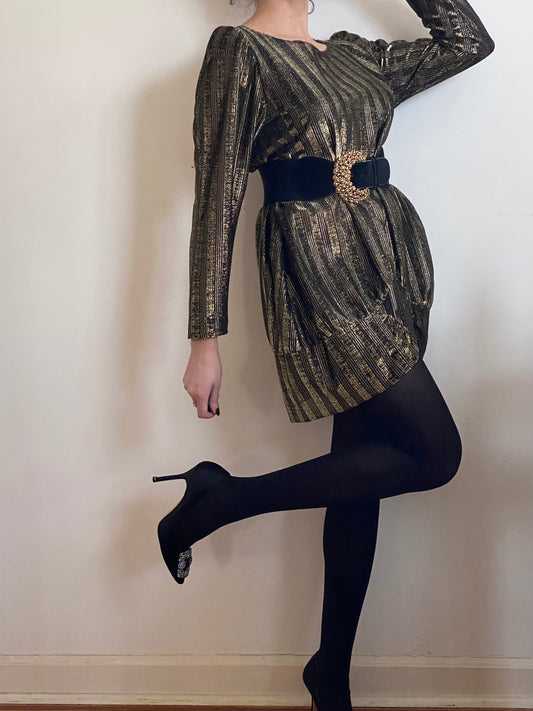 80's Gold Metallic Asymmetrical Shirt Dress (S-M)