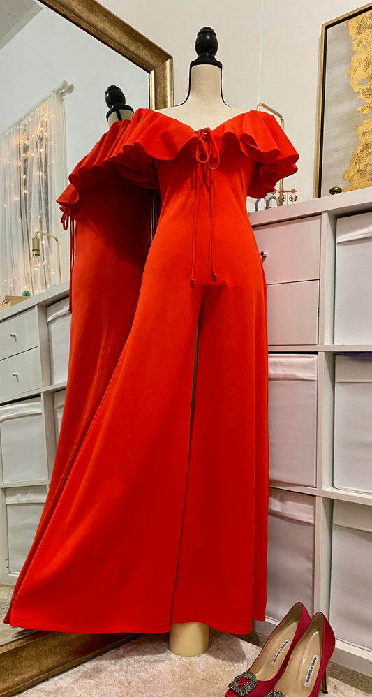 70’s Ruffle Off the Shoulder Bell Bottom Jumpsuit (M-28"W)