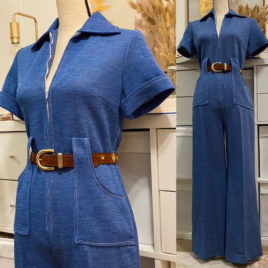 70's Denim Look Wide Leg Jumpsuit w/ Zippered Front (L)
