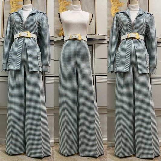 70's Powder Blue Houndstooth 3pc Wide Leg Pantsuit (XL, 34"-39"W)