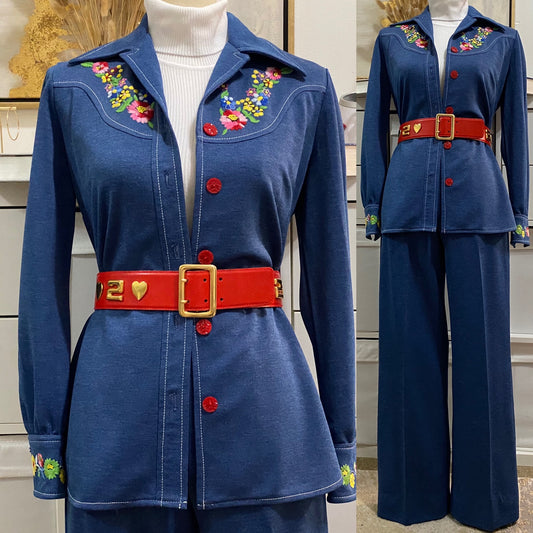 70's 2Pc Faux Denim Look Leisure Pantsuit (XS-S) Bootcut