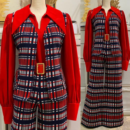 70's 2pc Wide Leg Pantsuit; Stripes/Plaid (S-M)