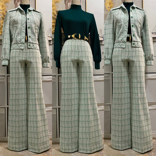 70s Grid 2PC Pantsuit - Cropped Jacket & Flared Pants (XS-S)