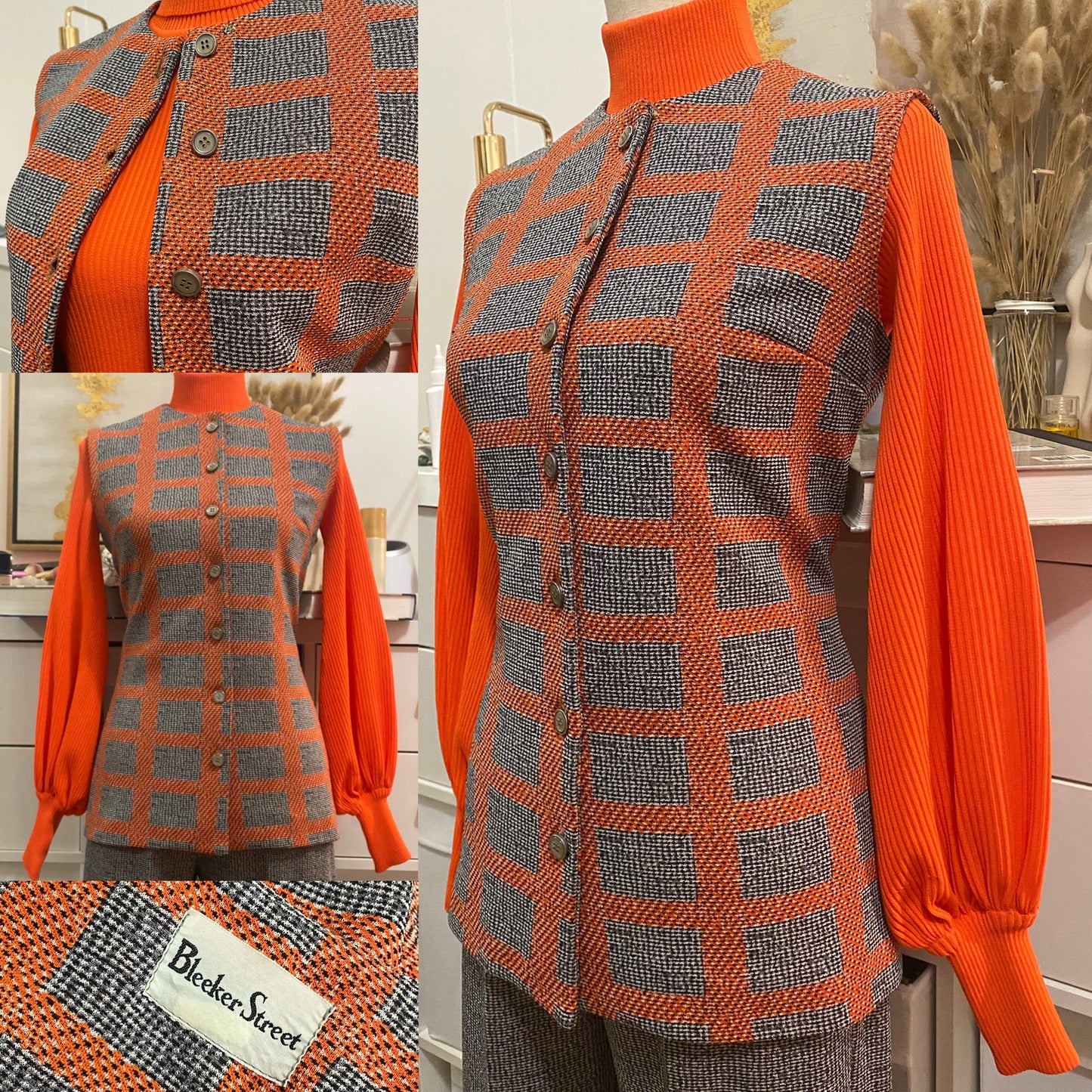 60's-70's Orange & Grey Grid Vest Pantsuit (S-M)