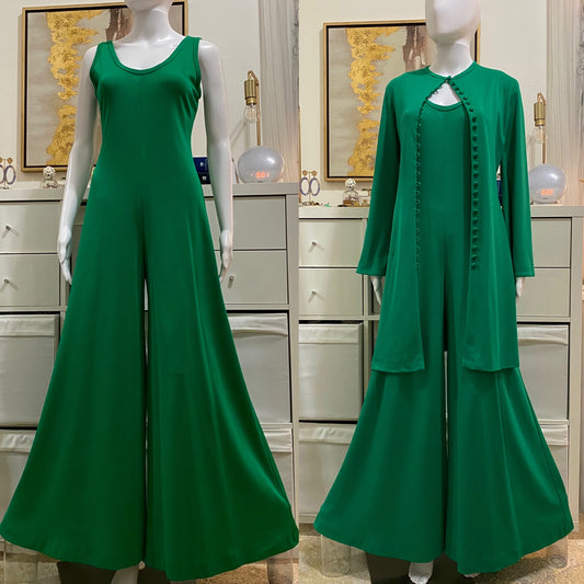 70's Green Disco 2-Piece Set - Bell Bottom Jumpsuit & Cardigan (M/L)