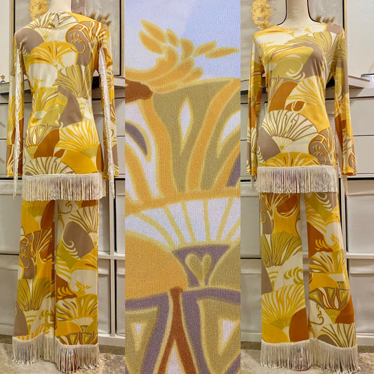 60's 2-Piece Fringe Set - Tunic Top & Straight Leg Bottoms (M-L)