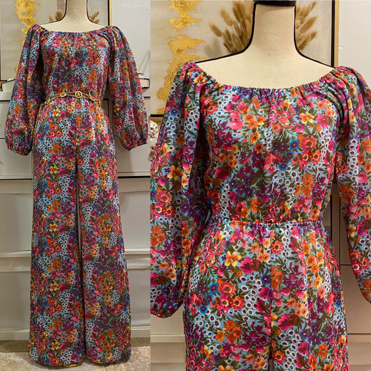 70s Off the Shoulder Wide Leg Floral Jumpsuit (S-L)