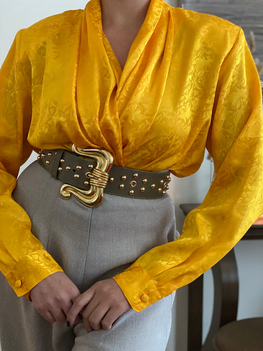 Liquid Satin Gold Draped/Shawl Collar Blouse