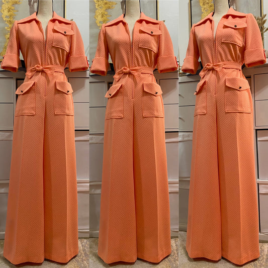 70's Creamsicle Waffle Wide Leg Jumpsuit W/ Belt (M-L)