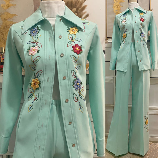 60's Embroidered 2pc Wide Leg Set; deadstock (S-M)