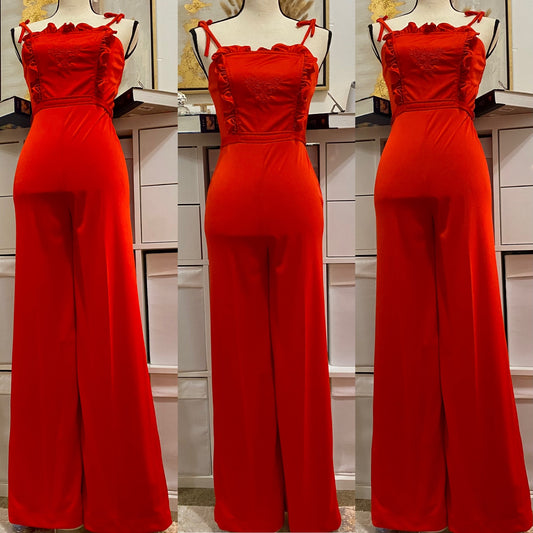 70's Red Pinafore Ruffle Wide Leg Jumpsuit (S-M)