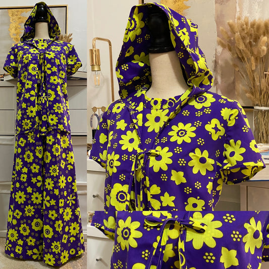 60's - 70's Cotton Floral Wide Leg 2pc Hooded Jumpsuit (XS-M)