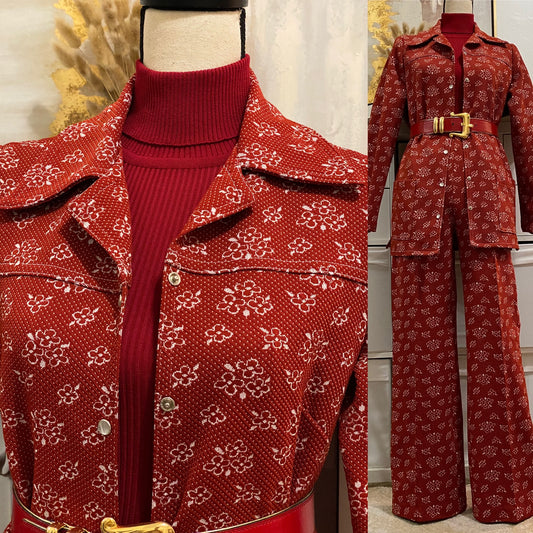 60s-70s Floral 2pc, Double Knit Leisure/Pantsuit (S-M, 25"-31"W)