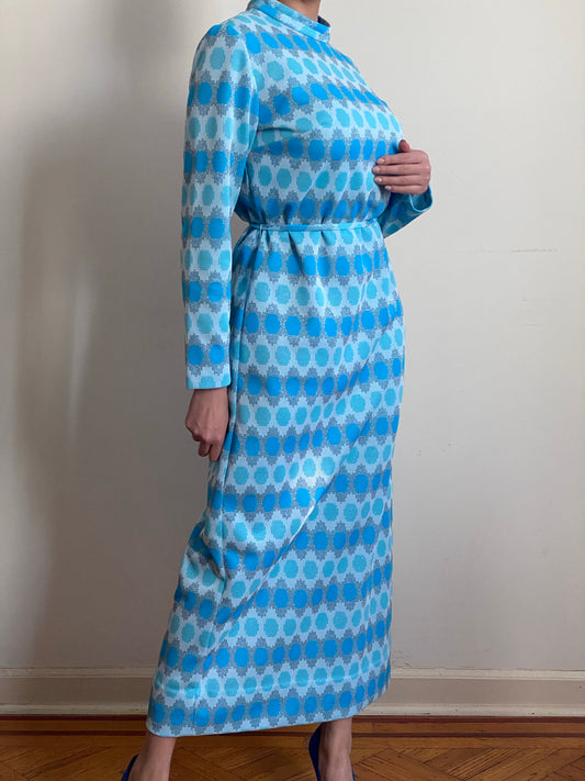 50's Icy Blue Mod Maxi Dress with Silver Shimmer Details (M)