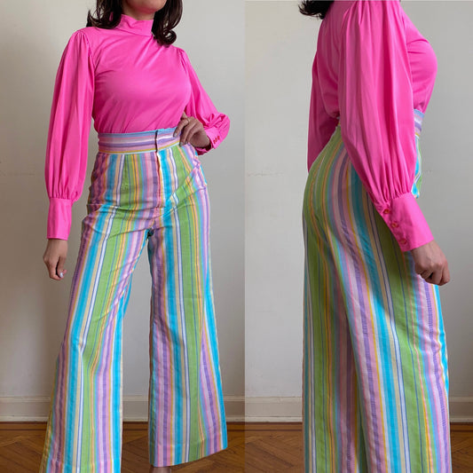 60s-70s High Rise Pastel Rainbow Bell Bottom Cotton Pants (S - 27"W)