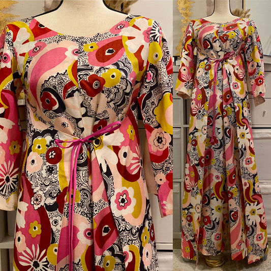 60s-70s Abstract Floral Wide Leg Jumpsuit w/ Cape (S-L)