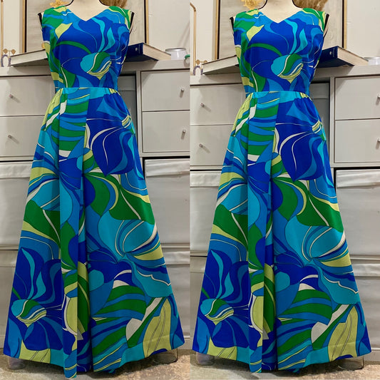 70's Blue Abstract Palazzo Jumpsuit (S-M)