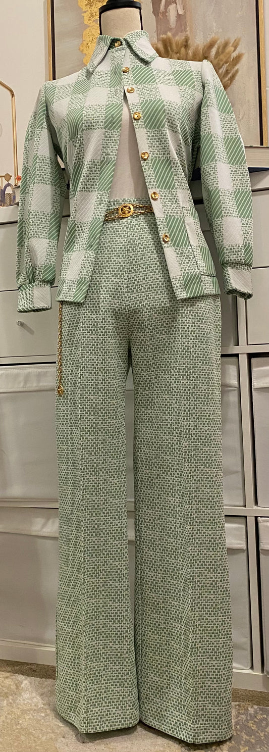 70’s 2-Piece Pistachio Mint Jacket Shirt & High Rise Wide Leg Bottom (S-M)