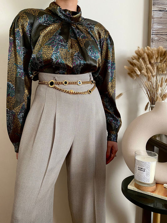 Abstract  print long sleeve high mock neck blouse